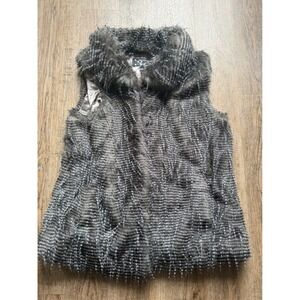 Kristen Blake Faux Fur Vest 1X Brown Grey Striped Shag Sleeveless Jacket Coat